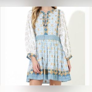 Oliphant Turquoise Vine balloon Sleeve tie Front Mini Dress size XS